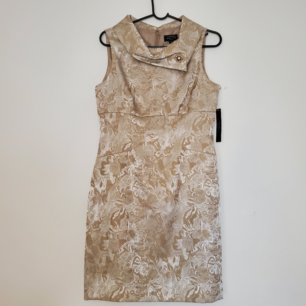 NWT Tahari - Champagne Gold Floral Dress (Size 8P)